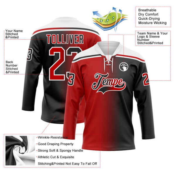 Custom Black Red-White Gradient Fashion Hockey Lace Neck Jersey