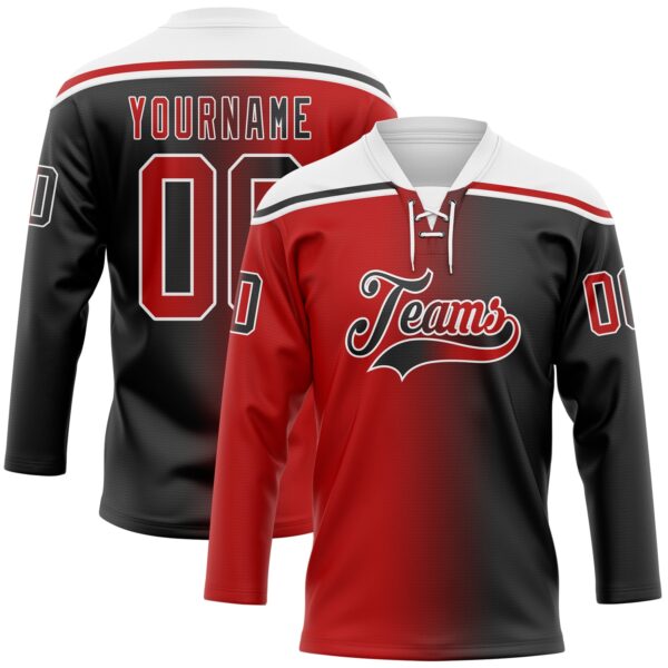 Custom Black Red-White Gradient Fashion Hockey Lace Neck Jersey