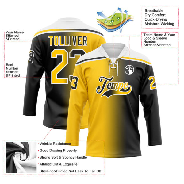 Custom Black Yellow-White Gradient Fashion Hockey Lace Neck Jersey