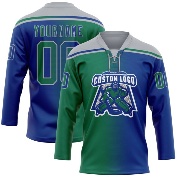 Custom Royal Kelly Green-Gray Gradient Fashion Hockey Lace Neck Jersey