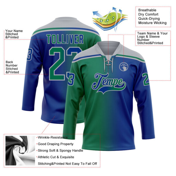 Custom Royal Kelly Green-Gray Gradient Fashion Hockey Lace Neck Jersey