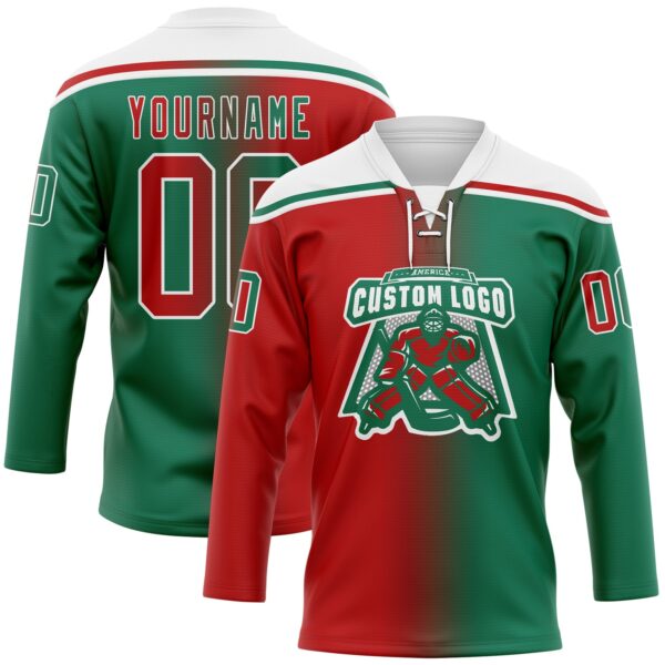 Custom Kelly Green Red-White Gradient Fashion Hockey Lace Neck Jersey