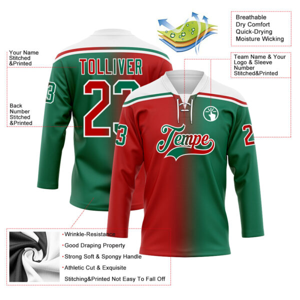 Custom Kelly Green Red-White Gradient Fashion Hockey Lace Neck Jersey