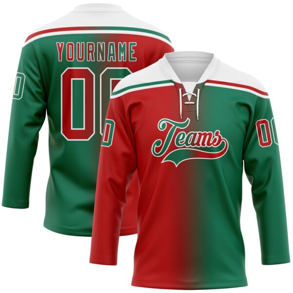 Custom Kelly Green Red-White Gradient Fashion Hockey Lace Neck Jersey