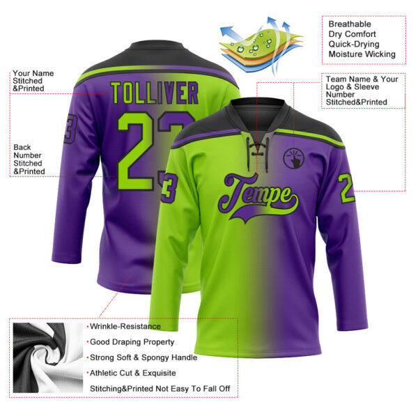Custom Purple Neon Green-Black Gradient Fashion Hockey Lace Neck Jersey