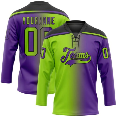 Custom Purple Neon Green-Black Gradient Fashion Hockey Lace Neck Jersey