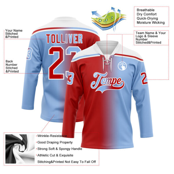 Custom Light Blue Red-White Gradient Fashion Hockey Lace Neck Jersey