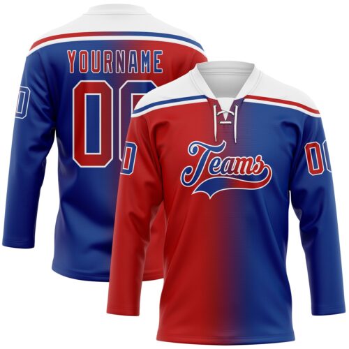Custom Royal Red-White Gradient Fashion Hockey Lace Neck Jersey