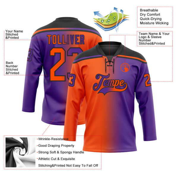 Custom Purple Orange-Black Gradient Fashion Hockey Lace Neck Jersey
