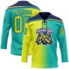 Custom Aqua Neon Yellow-Navy Gradient Fashion Hockey Lace Neck Jersey