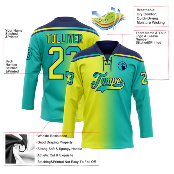 Custom Aqua Neon Yellow-Navy Gradient Fashion Hockey Lace Neck Jersey