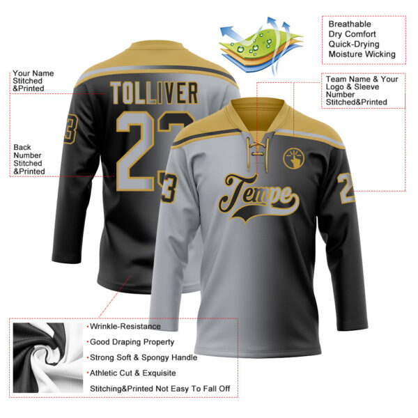 Custom Black Gray-Old Gold Gradient Fashion Hockey Lace Neck Jersey
