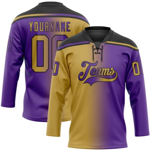 Custom Purple Old Gold-Black Gradient Fashion Hockey Lace Neck Jersey