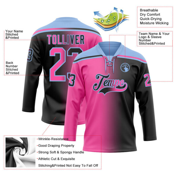 Custom Black Pink-Light Blue Gradient Fashion Hockey Lace Neck Jersey