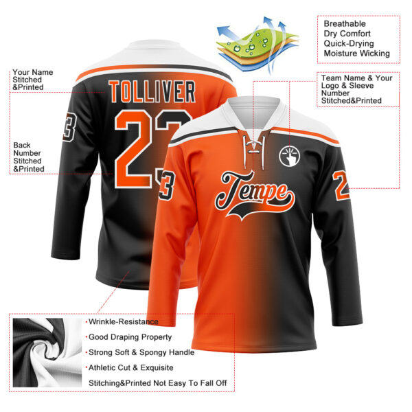Custom Black Orange-White Gradient Fashion Hockey Lace Neck Jersey