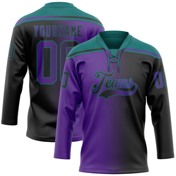 Custom Black Purple-Teal Gradient Fashion Hockey Lace Neck Jersey
