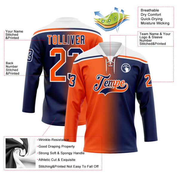 Custom Navy Orange-White Gradient Fashion Hockey Lace Neck Jersey