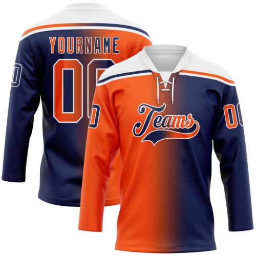 Custom Navy Orange-White Gradient Fashion Hockey Lace Neck Jersey