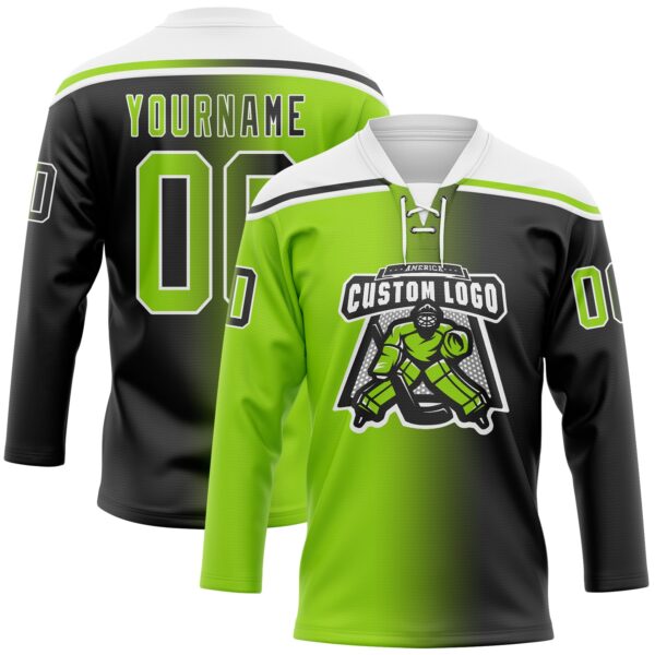 Custom Black Neon Green-White Gradient Fashion Hockey Lace Neck Jersey