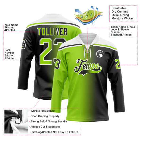 Custom Black Neon Green-White Gradient Fashion Hockey Lace Neck Jersey