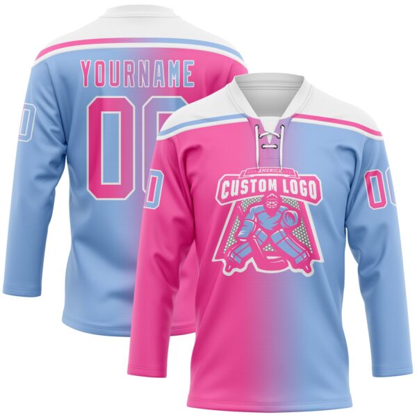 Custom Light Blue Pink-White Gradient Fashion Hockey Lace Neck Jersey