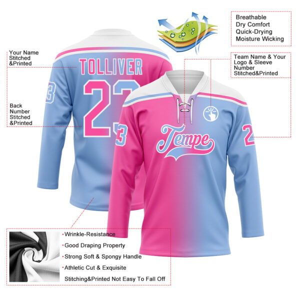 Custom Light Blue Pink-White Gradient Fashion Hockey Lace Neck Jersey