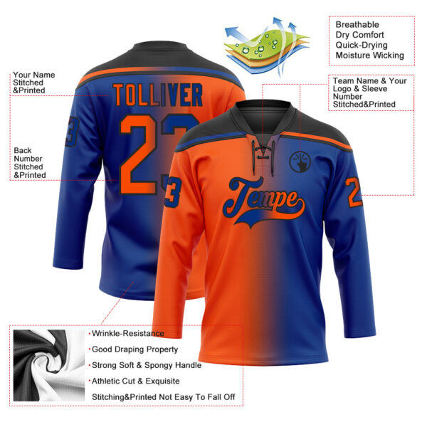 Custom Royal Orange-Black Gradient Fashion Hockey Lace Neck Jersey