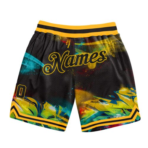 GraffitiP0136 Custom Graffiti Pattern Black-Gold 3D Authentic Basketball Shorts