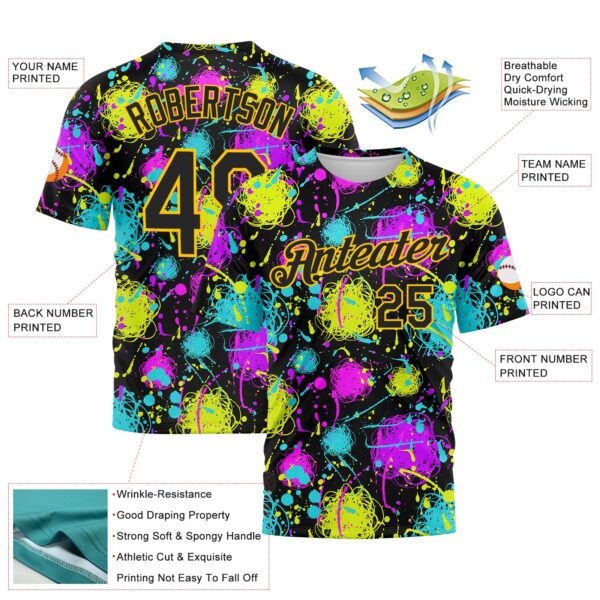 Custom Graffiti Pattern Black-Gold 3D Neon Splatter Performance T-Shirt