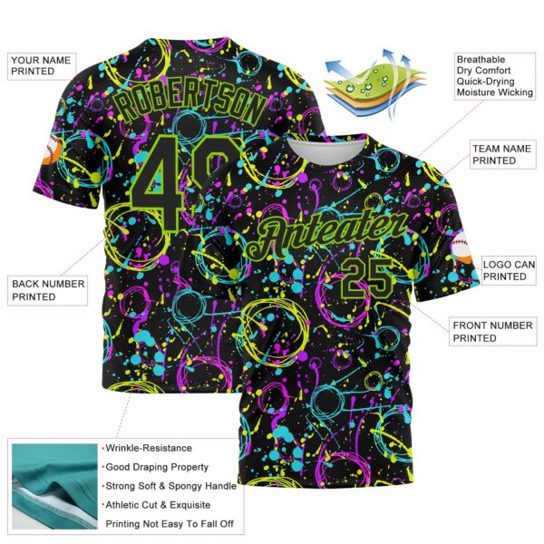Custom Graffiti Pattern Black-Neon Green 3D Neon Splatter Performance T-Shirt