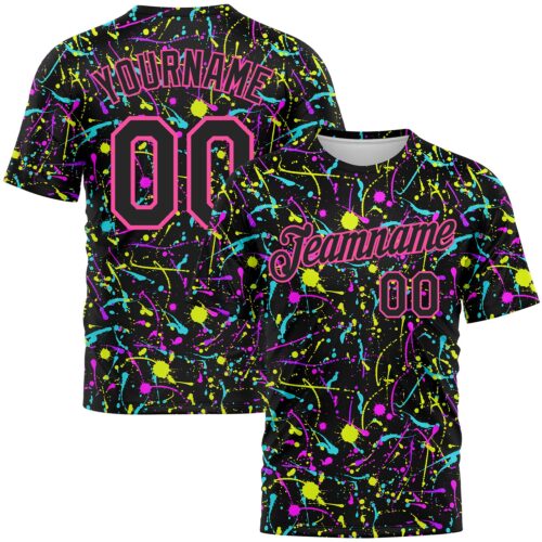 GraffitiP0166 Custom Graffiti Pattern Black-Pink 3D Neon Splatter Performance T-Shirt