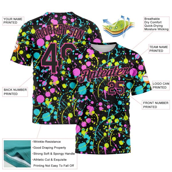 Custom Graffiti Pattern Black-Pink 3D Neon Splatter Performance T-Shirt
