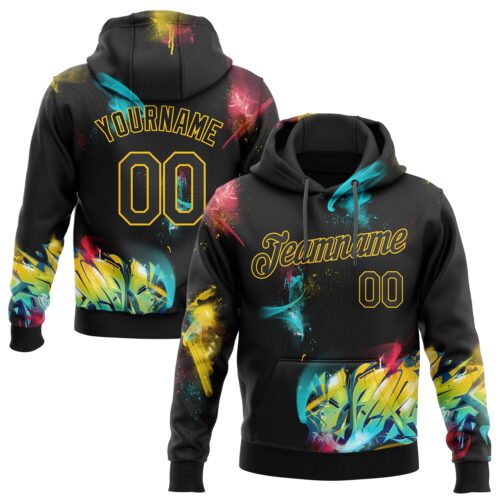 GraffitiP0175 Custom Stitched Graffiti Pattern Black-Gold 3D Sports Pullover Sweatshirt Hoodie