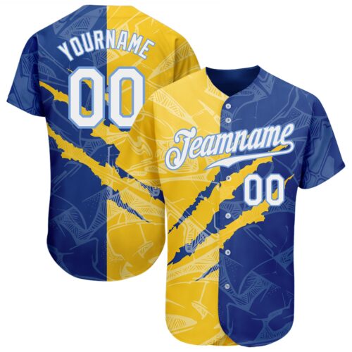 GraffitiP0194 Custom Graffiti Pattern White Yellow Royal-Light Blue 3D Scratch Authentic Baseball Jersey