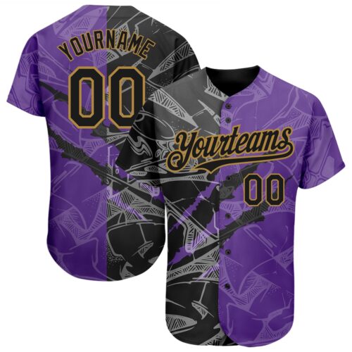 GraffitiP0217 Custom Graffiti Pattern Black Purple-Old Gold 3D Scratch Authentic Baseball Jersey