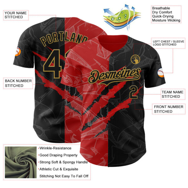 Custom Graffiti Pattern Black Red-Old Gold 3D Scratch Authentic Baseball Jersey