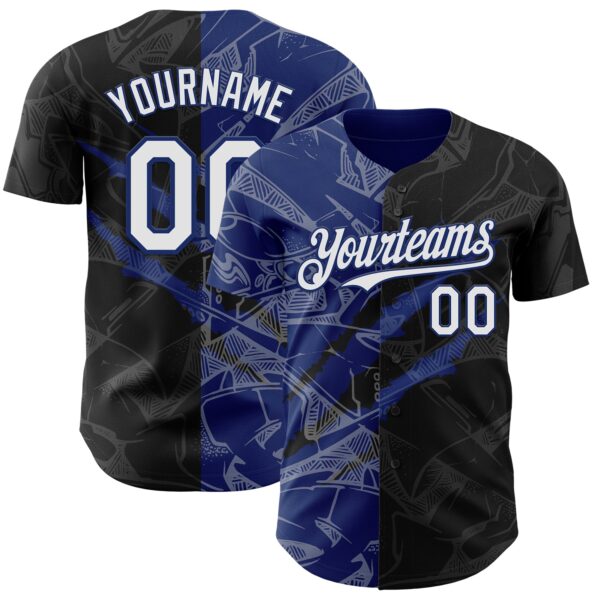 Custom Graffiti Pattern White Black-Royal 3D Scratch Authentic Baseball Jersey