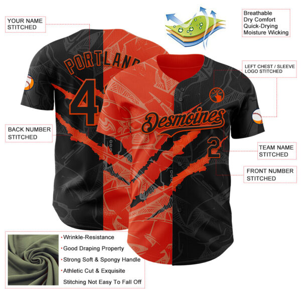 Custom Graffiti Pattern Black-Orange 3D Scratch Authentic Baseball Jersey