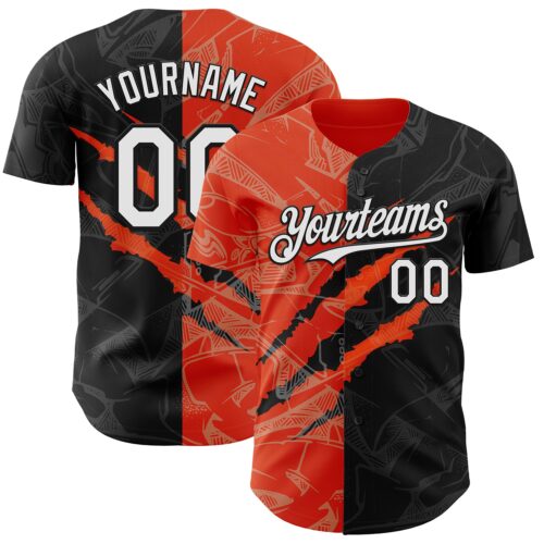 Custom Graffiti Pattern White Black-Orange 3D Scratch Authentic Baseball Jersey