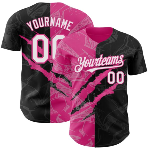 Custom Graffiti Pattern White Black-Pink 3D Scratch Authentic Baseball Jersey