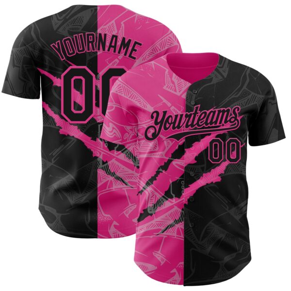 Custom Graffiti Pattern Black-Pink 3D Scratch Authentic Baseball Jersey