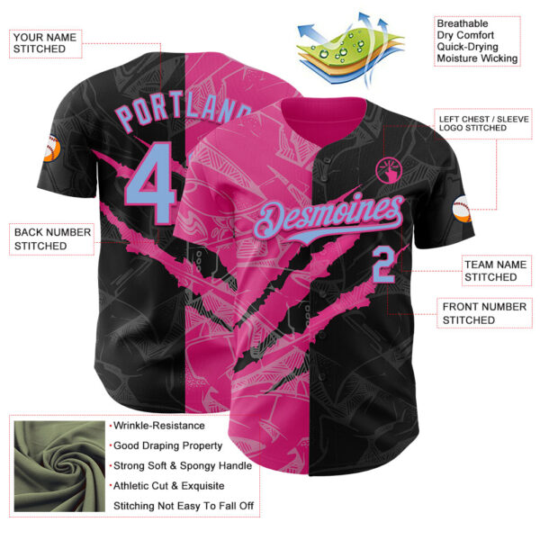 Custom Graffiti Pattern Light Blue Black-Pink 3D Scratch Authentic Baseball Jersey