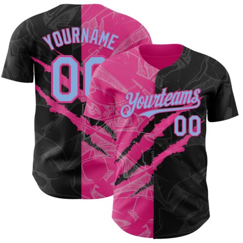GraffitiP0366 Custom Graffiti Pattern Light Blue Black-Pink 3D Scratch Authentic Baseball Jersey