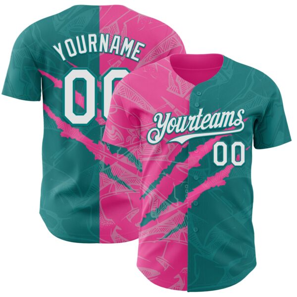 Custom Graffiti Pattern White Teal-Pink 3D Scratch Authentic Baseball Jersey