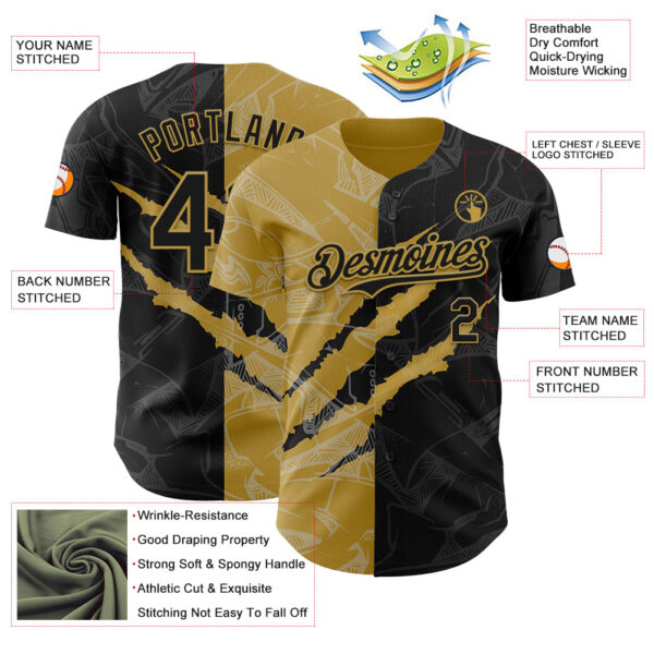 Custom Graffiti Pattern Black-Old Gold 3D Scratch Authentic Baseball Jersey
