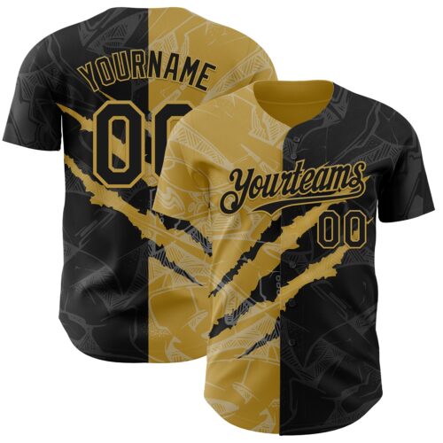 Custom Graffiti Pattern Black-Old Gold 3D Scratch Authentic Baseball Jersey