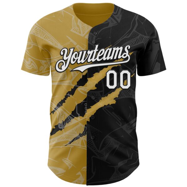 Custom Graffiti Pattern White Black-Old Gold 3D Scratch Authentic Baseball Jersey