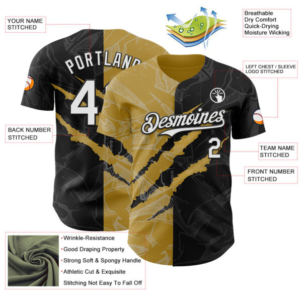 Custom Graffiti Pattern White Black-Old Gold 3D Scratch Authentic Baseball Jersey