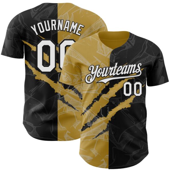 Custom Graffiti Pattern White Black-Old Gold 3D Scratch Authentic Baseball Jersey
