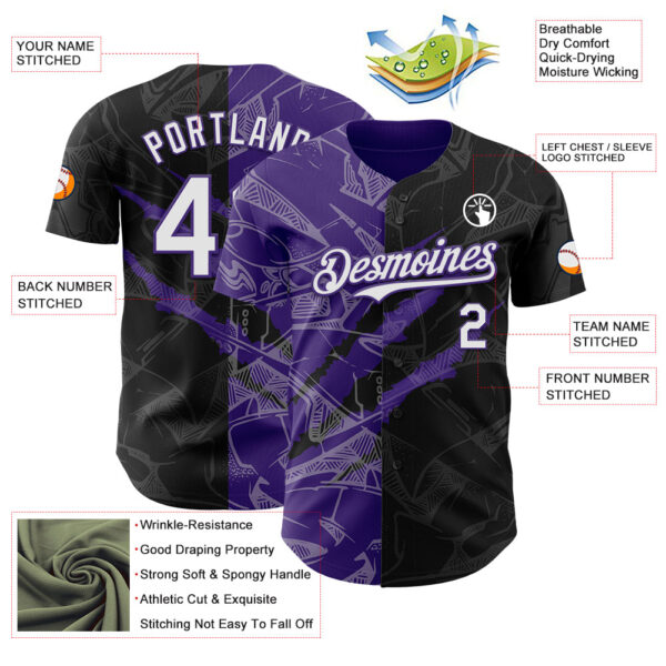 Custom Graffiti Pattern White Black-Purple 3D Scratch Authentic Baseball Jersey